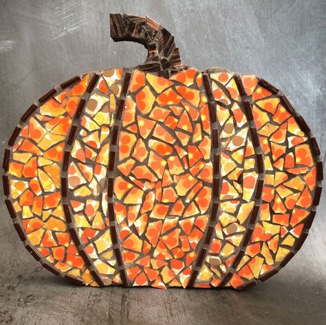 A handmade mosaic pumpkin made with recycled vintage Pontesa plates aand glass tiles Mosaic Pumpkin, China Mosaic, Mosaic Tile Art, Handmade Mosaic, Craft Classes, Glass Tiles, Fall Diy, Stained Glass Mosaic, Tile Art