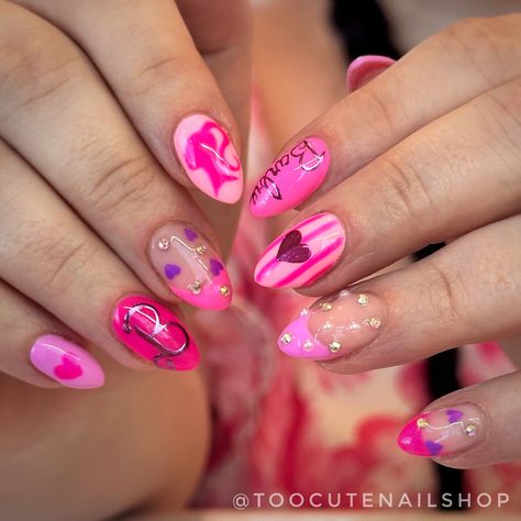 Barbie nails. Barbie movie nails. Pink nails. Summer nails. Summer nail inspo. Rhinestone nails. Bling nails. Chrome nail art. Barbie Movie Nails, Movie Nail Art, Barbie Themed Nails, Pink Nails Barbie, Movie Nails, Fitness Barbie, Nails Barbie, Barbie Pink Nails, Nails Bling