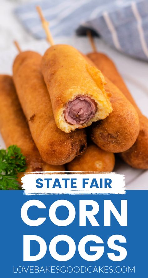 State Fair Corn Dogs stacked on a plate with a bite taken out of the top corn dog State Fair Corn Dogs, Fair Corn Dogs, Awesome Sandwiches, Love Bakes Good Cakes, Fried Hot Dogs, Good Cakes, Skillet Corn, Corndog Recipe, State Fair Food