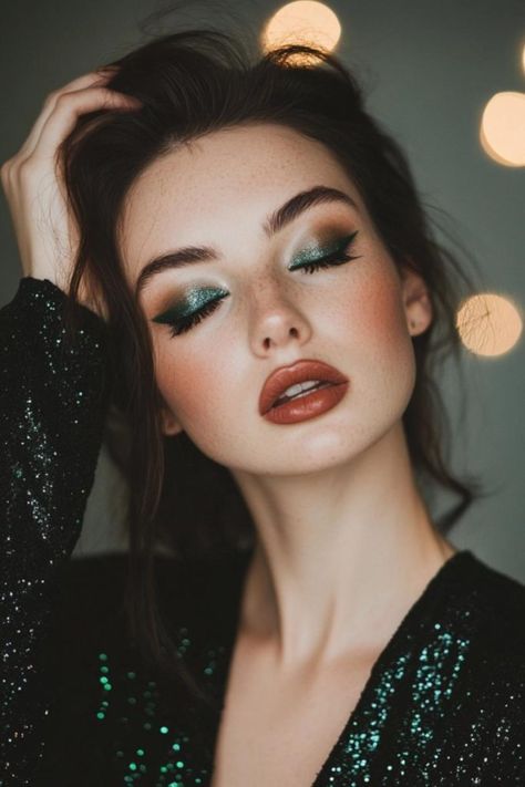 Create show-stopping looks with these holiday makeup ideas tailored for green-eyed beauties. Forest Green Smokey Eye, Dark Green Eye Makeup Natural, Green Hazel Eye Makeup, Sultry Makeup For Green Eyes, Emerald Green Dress Makeup Ideas, Dark Green Makeup Looks, Green And Brown Eyeshadow, Green Dress Makeup Ideas, Woodland Makeup