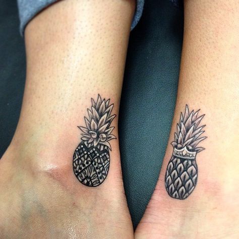 Adorable Ankles Pineapple Tattoos, Pinapple Tattoos, Yin En Yang, Henne Tattoo, Matching Friend Tattoos, Pineapple Tattoo, Brother Tattoos, Tattoo Placements, Matching Best Friend Tattoos