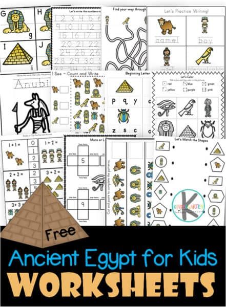 FREE Ancient Egypt for Kids Worksheets - over 71 pages of printable math and literacy skills practice for kindergartners #kindergarten #ancientegypt #worksheetsforkids Ancient Egypt Preschool Activities, Egypt Activities For Kids, Ancient Egypt Printables, Egypt Worksheets, Beetle Egyptian, Ancient Egypt Lessons, Ancient Egypt Activities, Egypt Lessons, Ancient Egypt For Kids