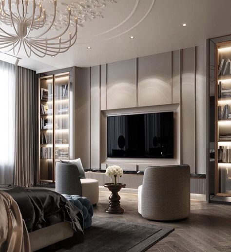 Modern Classic Bedroom, Classic Interior Design Luxury, Bedroom Tv Wall, Modern Classic Interior, Bedroom Interior Design Luxury, Modern Luxury Bedroom, Luxury Bedroom Design, Classic Interior Design, Luxury Bedroom Master