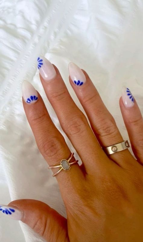 European Nail Ideas, Blue And White Acrylics, Almond Summer Nail Ideas, Croatia Nails, Nails For Italy, Europe Nails, Pink Tip Nails, Magic Nails, Cute Simple Nails