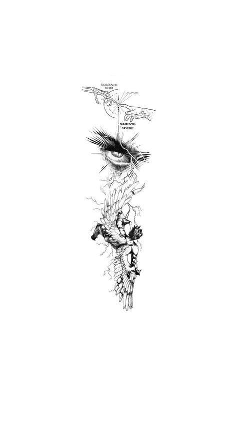 the falling angel tattoo Falling Angel Tattoo For Men, Icuris Falling Art, Icuris Falling Tattoo Design, Paradise Lost Tattoo, Angel Flying Tattoo, Icarus Tattoo Minimalist, Freefall Tattoo, Icarus Falling Tattoo, Icarus Tattoo Design