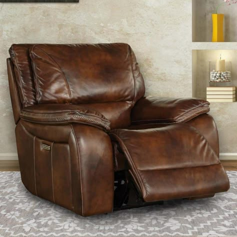 Vail Burnt Sienna Power Recliner by Parker House Furniture Take a seat and recline in seconds in this smooth and stylish Power Recliner. More than just beautiful, this innovative chair takes comfort to new heights with just the touch of a button. Offering effortless relaxation, it's sure to become your favorite spot in the house. Features: Can be operated cord-free and placed anywhere in the room without proximity to an outlet with the addition of a FreeMotion cordless battery pack. Power Headrest Patent Pending on and off USB with Home Button High Quality Mechanism and Motor 1.8 to 2.2 Density Foam 100% Luxury Foam Cushion Fully padded foam wrapped Hardwood Frame Removeable backs 3-year Limited Warranty on the frame, springs, mechanism and motor while the cover, seams and cushions are war Office Recliner Chair, Brown Leather Recliner, Stylish Recliners, Brown Recliner, Sitting Chair, Modern Recliner, Leather Recliner Chair, Dream Life House, Parker House