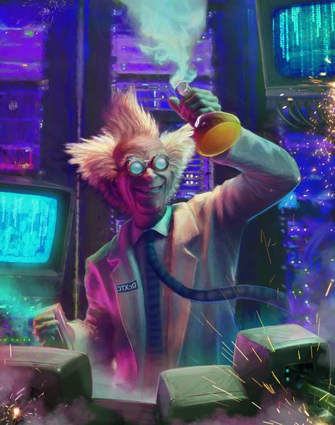 ArtStation - Mad Scientist & A.I Concept, David Edwards Mad Scientist Aesthetic, Scientist Aesthetic, Scientist Cartoon, Mad Scientist Lab, Crazy Scientist, Chemistry Art, Evil Genius, Mad Science, Flyer Ideas