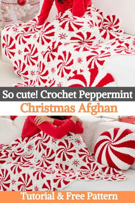 Red And White Crochet Blanket, Crochet Peppermint, Christmas Afghan, Crocheted Afghans, Blanket And Pillow, Christmas Crochet Patterns Free, Peppermint Christmas, Fall Canvas, Crochet Afgans