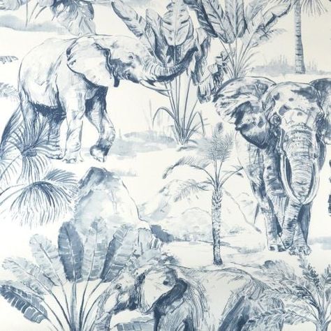 Blue Elephant Wallpaper | Wallpaper Shop | Modern Nursery Wallpaper Blue Elephant Wallpaper, Jungle Wildlife, Hanging Wallpaper, Vinyl Background, School Beauty, Elephant Wallpaper, Blue And White Wallpaper, Sports Products, Animal Print Wallpaper