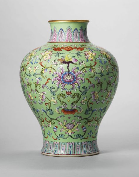 A lime-green ground famille rose vase, Meiping, Qianlong six-character seal mark in iron-red and of the period (1736-1795). 8½ in (21.5 cm) high. Estimate £40,000-60,000. Offered in Rarity and Refinement Treasures from a Distinguished East Asian Collection on 15 May at Christie’s in London Asian Vases, Green Ground, Iron Red, Chinese Pottery, Chinese Vase, Rose Vase, Jar Vase, Chinese Ceramics, Porcelain Art