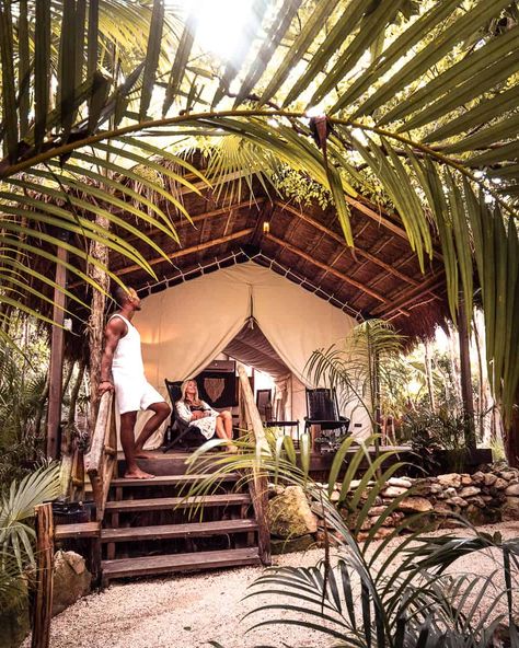 Habitas-Tulum-Mexico-review-eco-luxury-glamping-couple Utah Camping, Tulum Hotels, Glamping Resorts, Outdoor Cinema, Luxury Glamping, Eco Luxury, Tulum Mexico, Beach Town, Infinity Pool