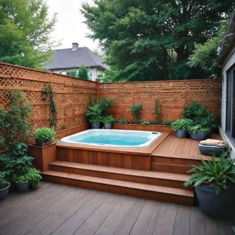 25 Backyard Hot Tub Privacy Ideas That Block Prying Eyes Hardscape Ideas Backyard Hot Tub, Deck With Hot Tub Ideas, Deck With Hot Tub Built In, Square Hot Tub Surround Ideas, Backyard With Hot Tub, Hot Tub On Pavers, Hot Tub Privacy Screen, Backyard Hot Tub Privacy, Hot Tub Surround Ideas