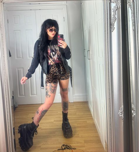 It’s still to warm for this fit but I love it 🫶🏻 @cradleoffilth long sleeve from @eyesoremerch *gifted Boots @newrock Biker jacket @vinted Shorts @mxci_uk (use code KYRAROBINSONN_) Sunglasses @killstar * Grunge Summer, Rock Outfits, Boring Clothes, Clothing Inspiration, Dressed To Kill, Weekend Wear, Rave Outfits, Edgy Outfits, Fit Check