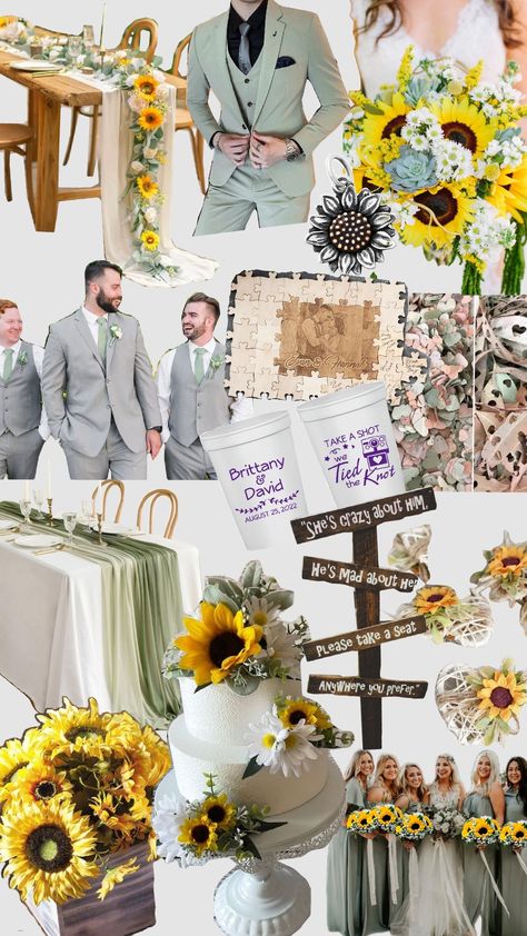 Sunflower and Sage Wedding Sage Green Sunflower Wedding Theme, Sunflower Sage Green Wedding, Sage Green And Sunflower Wedding, Sage Green And Yellow Wedding, Sage Green Wedding Theme, Yellow Wedding Colors, Sunflower Theme, Sunflower Themed Wedding, Tan Wedding