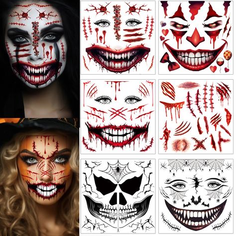 ENYACOS 5 Sheets Halloween Scary Face Tattoos+1 Sheet Fake Scars Stitches Tattoo,Bloody Mouth Tattoo,Halloween Zombie Make Up,Fake Wounds,Halloween Prank Makeup Temporary Tattoo (A) Spider Web Halloween Costume, Joker Face Tattoo, Fake Scar, Halloween Scary Face, Fake Wounds, Halloween Makeup Kits, Mouth Tattoo, Makeup Clown, Tattoo Halloween