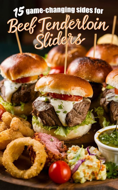 Elevate your beef tenderloin sliders with these mouthwatering side dishes! 🍴🍔 #beef #tenderloin #sliders #sidedishes Beef Tenderloin Sandwiches Parties, Beef Tenderloin Sliders, Tenderloin Sliders, Thanksgiving Brunch, Steak Side Dishes, Crispy Shallots, Beef Fillet, Cranberry Chutney, Party Sandwiches