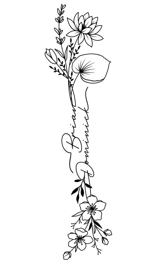 Godchildren Tattoo Ideas, Fine Line Tattoos For Women Sleeve, Inner Arm Bouquet Tattoo, Mom Silhouette Tattoo, Maiden Name Tattoo Ideas, Tattoo For Three Kids, Birth Flower Tattoos Kids Names, Tattoo Ideas For Children, Tattoos To Represent Your Children