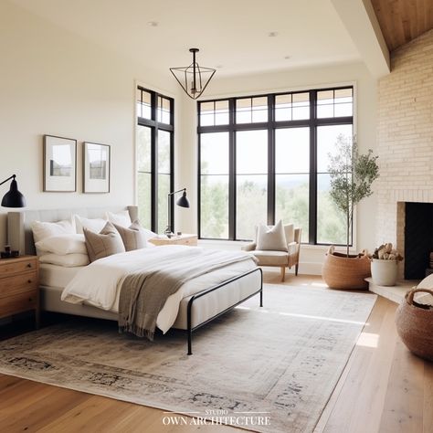 This farmhouse master bedroom features a cozy brick fireplace and a natural palette, creating a warm, inviting space.  #InteriorDesign #OwnArchitecture #Decor #Inspiration #InteriorInspo #DreamHouse #DreamHome Cozy Brick Fireplace, Natural Palette, Farmhouse Master, Brick Fireplace, Interior Inspo, Decor Inspiration, Fireplace, Dream House, Farmhouse