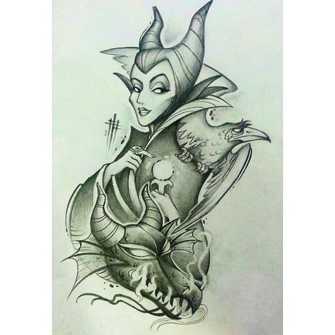 Maleficent Drawing, Maleficent Tattoo, Dark Disney Tattoo, Disney Tattoo Ideas, Disney Sleeve Tattoos, Tattoo Disney, Disney Sleeve, Evil Disney, Disney Tattoo