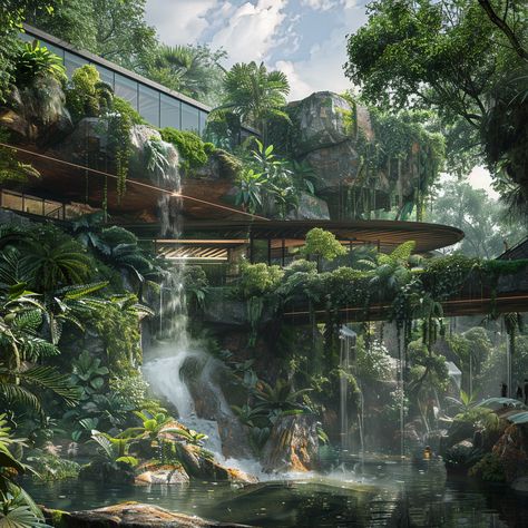 Planet zoo jungle building inspiration with bridge nad waterfalls. Zoo Building Design, Biophyllic Architecture, Zoo Blueprints, Planet Zoo Tropical, Planet Zoo Entrance Ideas, Water Park Design, Waterfall Architecture, Planet Zoo Inspiration, Jungle Architecture