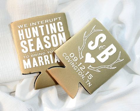 Rustic Wedding Favors Hunter Wedding Gifts and Mementos Wedding Can Cooler Bridal Shower Gift Antler Wedding Favor Wedding Gift  1303 by SipHipHooray Wedding Can Koozie Ideas, Hunting Wedding Theme, Fireman Wedding, Deer Antler Wedding, Koozie Wedding Favors, Hunter Wedding, Mississippi Wedding, Antler Wedding, Wedding Koozies