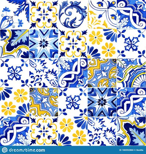 Italian Tiles Pattern, Culture Artwork, Tile Decoration, Portuguese Azulejos, Yellow Artwork, Italian Pattern, Mediterranean Aesthetic, Pottery Lessons, Mediterranean Tile