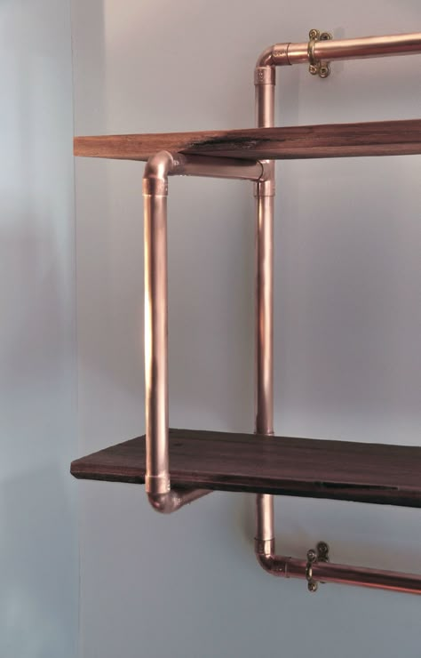 Copper Pipe Lighting, Copper Pipe Ideas, Pipe And Wood Shelves, Copper Shelves, Copper Shelving, Wall Pantry Ideas, Copper Pipe Shelves, Pole Barn Loft Ideas, Woman Bedroom Ideas