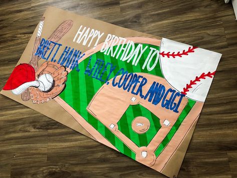 Baseball banners ⚾️🤩❤️ Football Painted Banner, Softball Banner Ideas, Baseball Sorority Banner, Tball Banner Ideas, Parade Float Diy, Sports Paint, Painted Banners, Softball Banner, Painted Banner