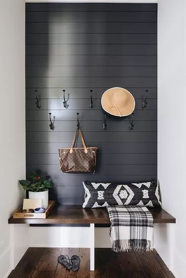 Shiplap Hallway Ideas and Inspiration | Hunker Shiplap Hallway, Black Shiplap, Transitional Laundry Room, Mudroom Decor, Shiplap Accent Wall, Shiplap Wall, Mudroom Design, Bench Designs, Mudroom Bench