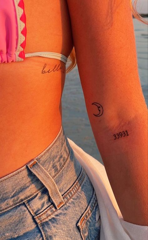 Number Tattoo Ideas Design, Moon On Arm Tattoo, 3 Numbers Tattoo, Arm Number Tattoo, Rib Tattoo Aesthetic, Tiny Tattoos On Arm, Number Plate Tattoo, Cursive Numbers Tattoo, Arm Tiny Tattoo