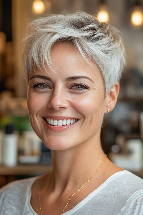 Soft Silver Pixie, Pixie Haircut For Women Over 50 Haircut For Women Over 50, Pixie Haircut For Women, Platinum Pixie Cut, Platinum Blonde Pixie, Silver Pixie, Brunette Pixie, Pixie Haircuts For Women, Short Wavy Haircuts, Haircut For Women