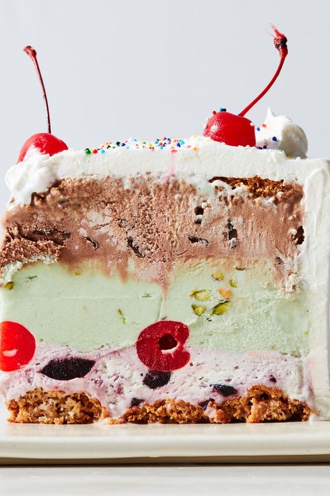 Spumoni Ice Cream Cake Recipe - NYT Cooking Spumoni Ice Cream Cake Recipe, Spumoni Ice Cream, Spaghetti Eis Dessert, Cake Cooking, Cherry Ice Cream, Ice Cream Cake Recipe, Pistachio Ice Cream, American Desserts, Nyt Cooking