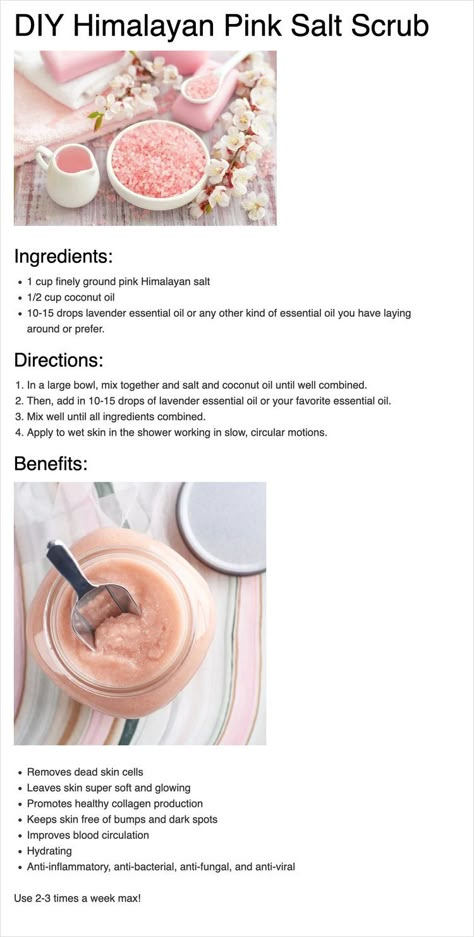 Natural Diy Body Scrub, Pink Himalayan Salt Scrub Diy, Diy Truly Beauty Products, Skin Care Project Ideas, Body Products To Make And Sell, Pedicure Scrub Diy Recipes, Pink Himalayan Salt Bath Soak, Himalayan Salt Body Scrub Diy, Bath Salt Scrubs Diy Recipes