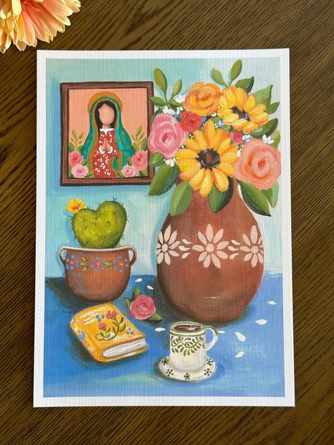 This listing is for one approximately 7 x 10" art print. Print comes signed in plastic protective sleeve. Mexico Inspired Paintings, Mexican Art Inspiration, Mexican Canvas Painting Ideas, Mexican Flower Painting, Mexican Room Decor, Mexican Paintings Ideas, Mexican Art Painting, Canvas Cartoon, Hispanic Art