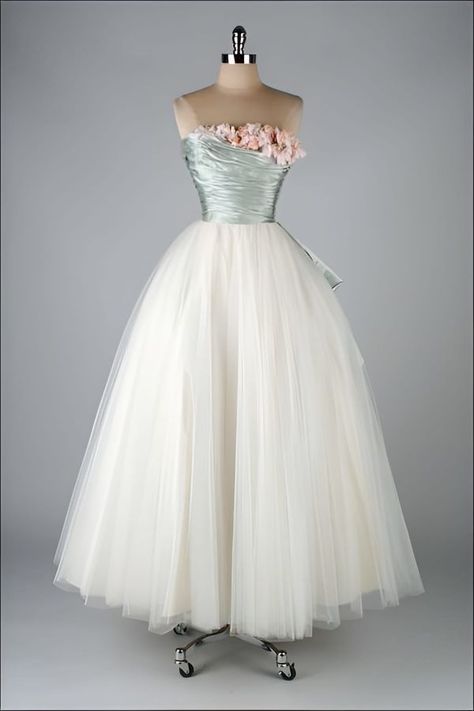 FASHION OF BYGONE DAYS (1500s-1960s) | Ball gown  by Ceil Chapman,1950s  | Facebook 1950s Ball Gown, Ceil Chapman, White Tulle Skirt, White Tulle, Blue Silk, Powder Blue, Silk Satin, Ball Gown, Vintage Clothing