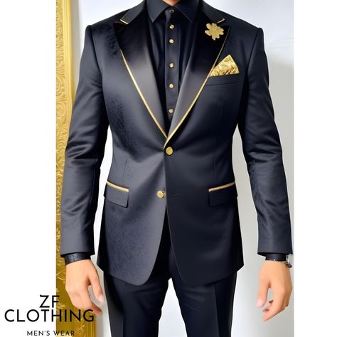 Black And Gold Wedding Suits For Men, Gold And Black Suits For Men, Men Black And Gold Suit, Gold And Black Wedding Party, Black And Gold Groomsmen Attire, Black Suit With Gold Tie, Black Suit With Gold Accents, Gold Suit Men Wedding, Black Suit Men Formal Classy