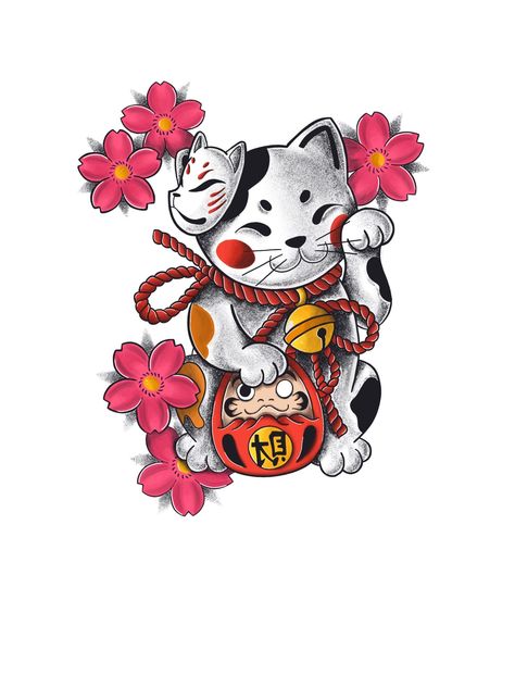 Tanuki Tattoo Japanese, Maneki Neko Tattoo Design, Maneki Neko Tattoo, Cat Buddha, Tattoo Japonais, Lucky Cat Tattoo, Money Frog, Feminist Tattoo, Cat Tattoo Simple