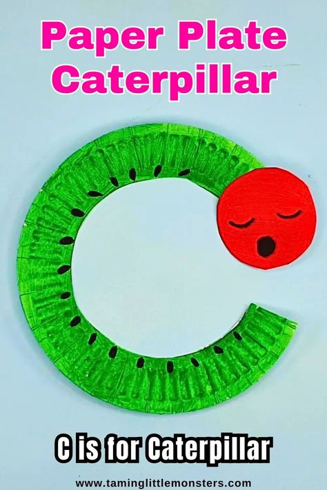 Easy Paper Plate Caterpillar Craft for Preschool. Perfect for preschoolers and kindergarteners. This fun arts and crafts activity will teach kids that "C is for Caterpillar". Great for teaching phonics and literacy through hands-on play activities. #spring #artsandcrafts #preschool #kindergarten #literacy Paper Plate Caterpillar, C Is For Caterpillar, Easy Paper Plate Crafts, Letter C Crafts, Spring Activities For Kids, Plate Crafts For Kids, Caterpillar Art, Craft For Preschool, Monkey Crafts