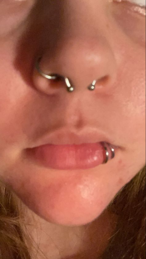 Its a nose, lip and septum piercing Septum And Piercing Nose, Septum And Lip Piercing Together, Spider Bite Lip Piercing, Septum With Nose Ring, Nose Piercing Stud And Septum, Mouth Piercings Lips, Septum And Lip Piercing, Septum Piercing With Nose Ring, Septum And Nose Ring