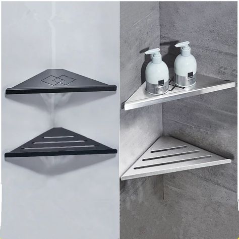 Bathroom Corner Shelves, Corner Shelf Kitchen, Metal Sheet Design, Black Wall Shelves, Wall Mounted Corner Shelves, Bathroom Corner Shelf, Modern Bathroom Accessories, Porta Shampoo, Bathroom Wall Shelves