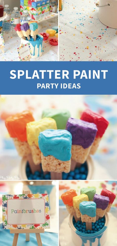 How fun are these Splatter Paint Rice Krispies Treats®️️? Alongwith art party ideas you have all the inspiration you need to throw such a fun and colorful birthday party for your little one. Rice Krispie Treats Paint Brushes, Rice Krispie Treat Paint Brushes, Paint Brush Rice Krispie Treats, Color Splash Party Ideas, 3rd Birthday Art Party, Art Birthday Party Snacks, Painting Themed Party, Painter Birthday Party, Colorful Party Snacks