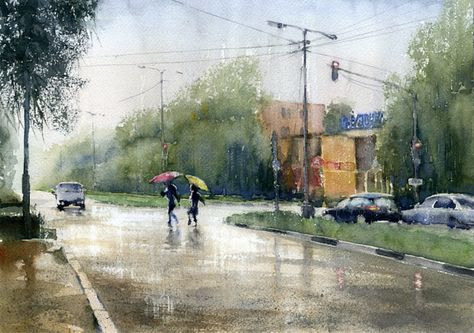 Watercolor painting with rainfall effects by Vladimir Tuporshin | How to Paint Rain in Watercolor Paint Rain, Plein Air Watercolor, Rain Painting, Art Demo, 수채화 그림, Watercolor Art Lessons, Watercolor Paintings Tutorials, Cityscape Painting, Painting Lessons