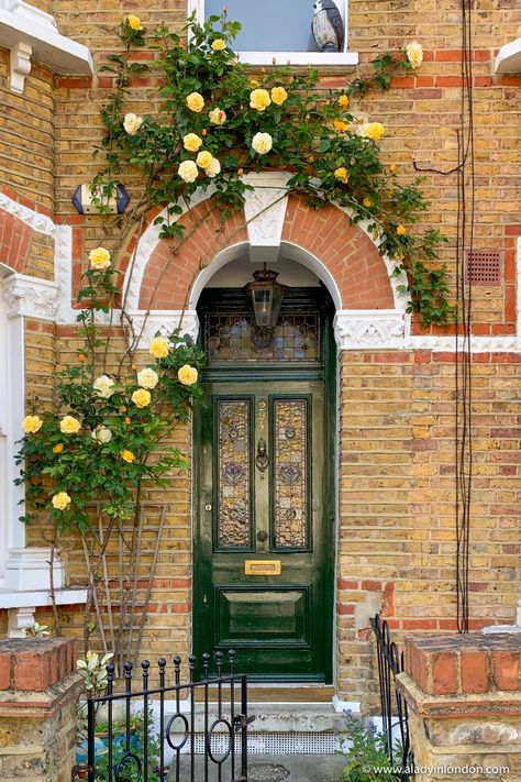 These beautiful front door roses on a brick house exterior in East Dulwich, London are lovely. These climbing roses around a front door are great for garden lovers to aspire to. #roses #brickwall #frontdoor #frontdoorideas #house #london #eastdulwich London Home Garden, Terrace Front Door, Interesting Front Doors, Climbing Roses Front Door, Plants For House Entrance, London Brick House, Front Door Small House, Brick House Painted Door, Exterior House Decor Hanging