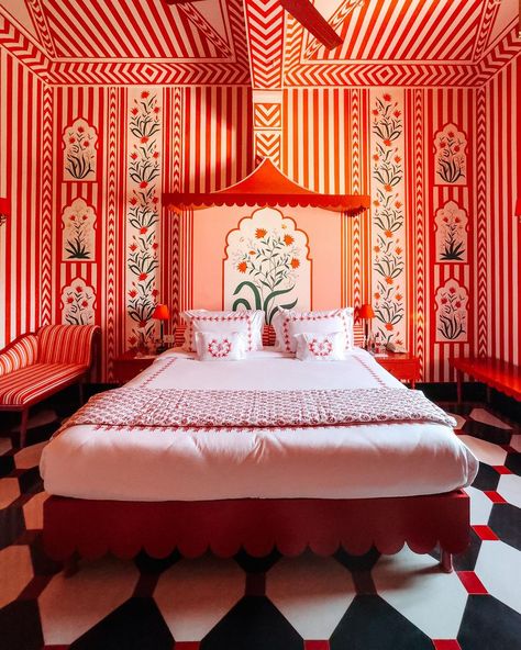 Let's Explore with Puneet | Jaipur | Step into a world painted in passionate hues of Red, where every corner whispers tales of elegance and allure. . . . Let’s Explore Villa… | Instagram Villa Palladio Jaipur, Palladio Jaipur, Villa Palladio, Hotel Room Design Plan, Indian Decoration, Red Hotel, Mini Room, Airbnb Ideas, Indian Lifestyle