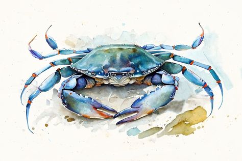 Blue Crab Watercolor, Crab Watercolor, Crab Painting, Crab Art, Watercolor Poster, Blue Crab, Cat Air, Watercolor Canvas, Coastal Wall Art