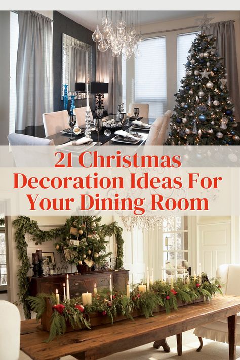 The dining room is the perfect place to extend your Christmas decor ideas. Christmas Decorated Sideboard, Simple Dining Room Christmas Decor, Christmas Dining Room Buffet Decorations, Elegant Christmas Dining Room Decor, Formal Dining Room Christmas Decor, Decorating Dining Room For Christmas, Christmas Buffet Decor Ideas, Dining Room Holiday Decor, Dinning Room Christmas Ideas