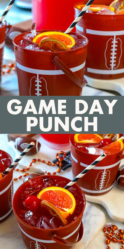 Kick off game day with this crowd-pleasing Football Punch! A winning combo of light rum, Red, White & Berry Vodka, Grand Marnier, and refreshing pineapple and blueberry juices makes this punch perfect for your next football party. Easy to make, this punch will be the MVP of your tailgate or watch party! Football Drinks Alcohol, Tailgating Cocktails Football, Drinks For Football Party, Football Punch Alcohol, Game Day Cocktails Football Season, Game Day Drinks Football, Game Day Drinks Alcohol, Tailgate Cocktails Football, Football Themed Cocktails