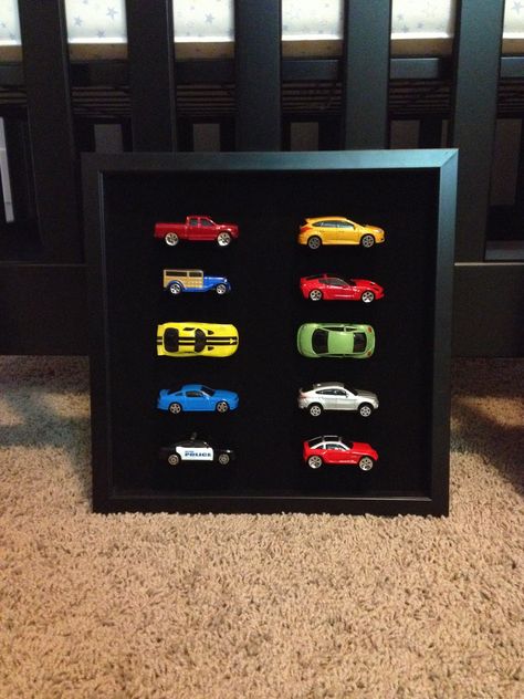 Matchbox cars shadow box for baby's room Matchbox Cars Display, Toy Car Display, Car Parts Decor, Couple Ring Design, Car Display, Doll Museum, College House, Car Frames, Bedroom Wall Designs