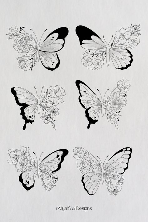 Jan - June Birth Flower Butterflies - Artist @MyahVal Designs ​​​​​​​​​  #digitalart  #artwork #tattooart #floralart #tattoos #floraltattoo #tattooideas #minimalist #tattoodesign #birthflower #birthflowers May Birth Flower Tattoo With Butterfly, June Butterfly Tattoo, Tattoo Ideas Butterfly Back, Half Butterfly Half Daffodil Tattoo, Birth Flowers With Butterfly Tattoo, July Butterfly Tattoo, July Birth Flower Butterfly Tattoo, Butterfly Made Of Flowers Tattoo, Butterfly And Birth Flower Tattoo