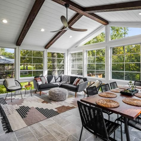 Large Sunroom Layout, Sunroom Add On, Winter Patio Ideas Cold Weather, Sunroom Addition Off Living Room, 4 Season Room Addition Off Kitchen, Addition Off Kitchen, 4 Season Sunroom Ideas Room Additions, Enclosed Sunroom Ideas, Miami Backyard